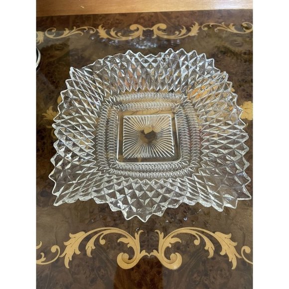 Vintage Clear INDIANA GLASS Co Square Ruffled Diamond Point Candy Nut Dish Bowl - Picture 6 of 6